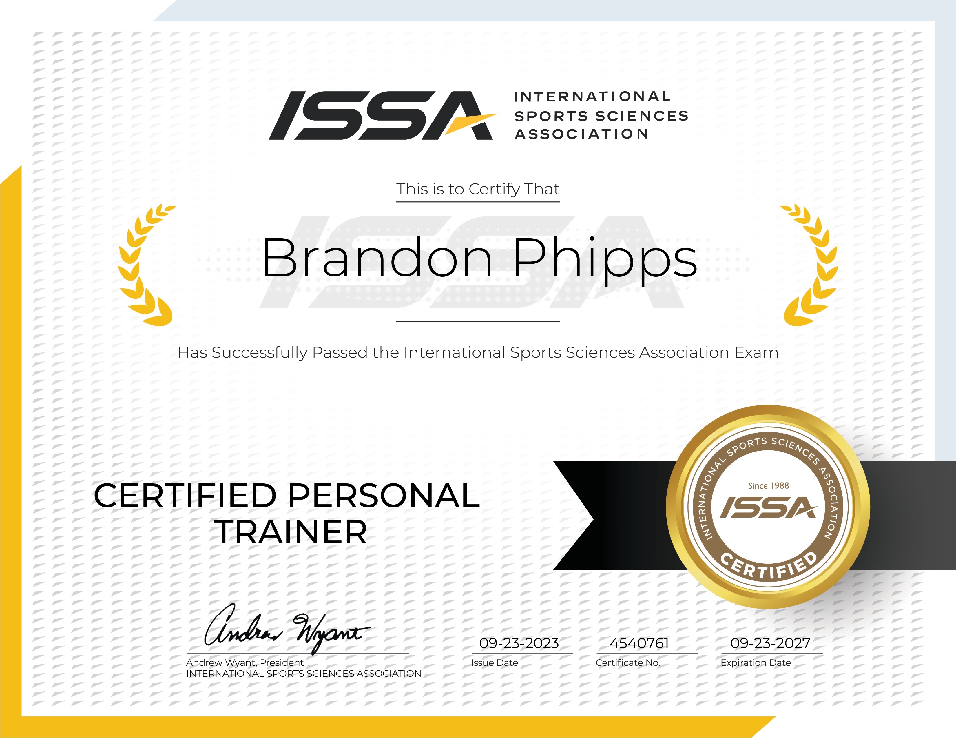 ISSA Certified Personal Trainer certificate