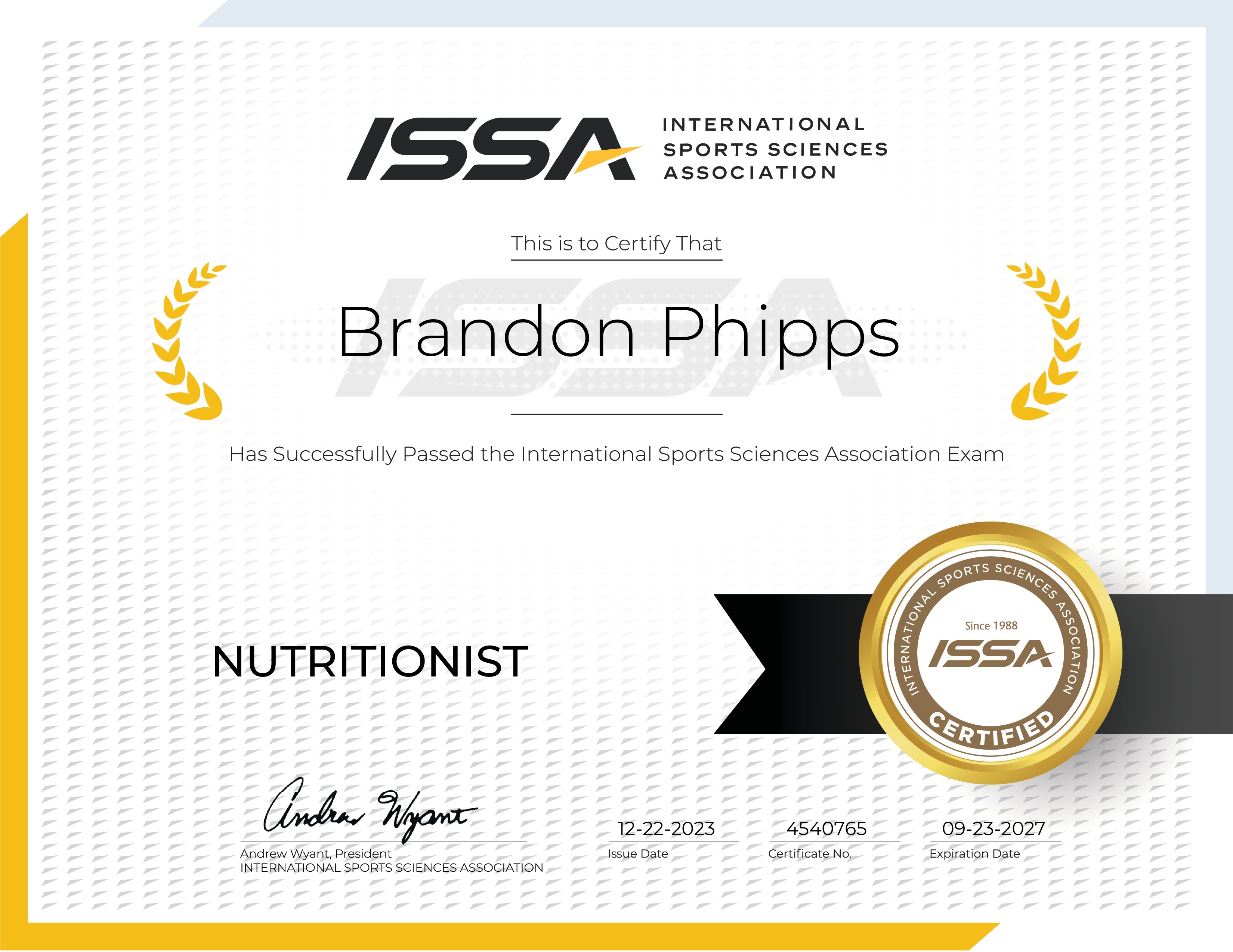 ISSA Nutritionist certificate
