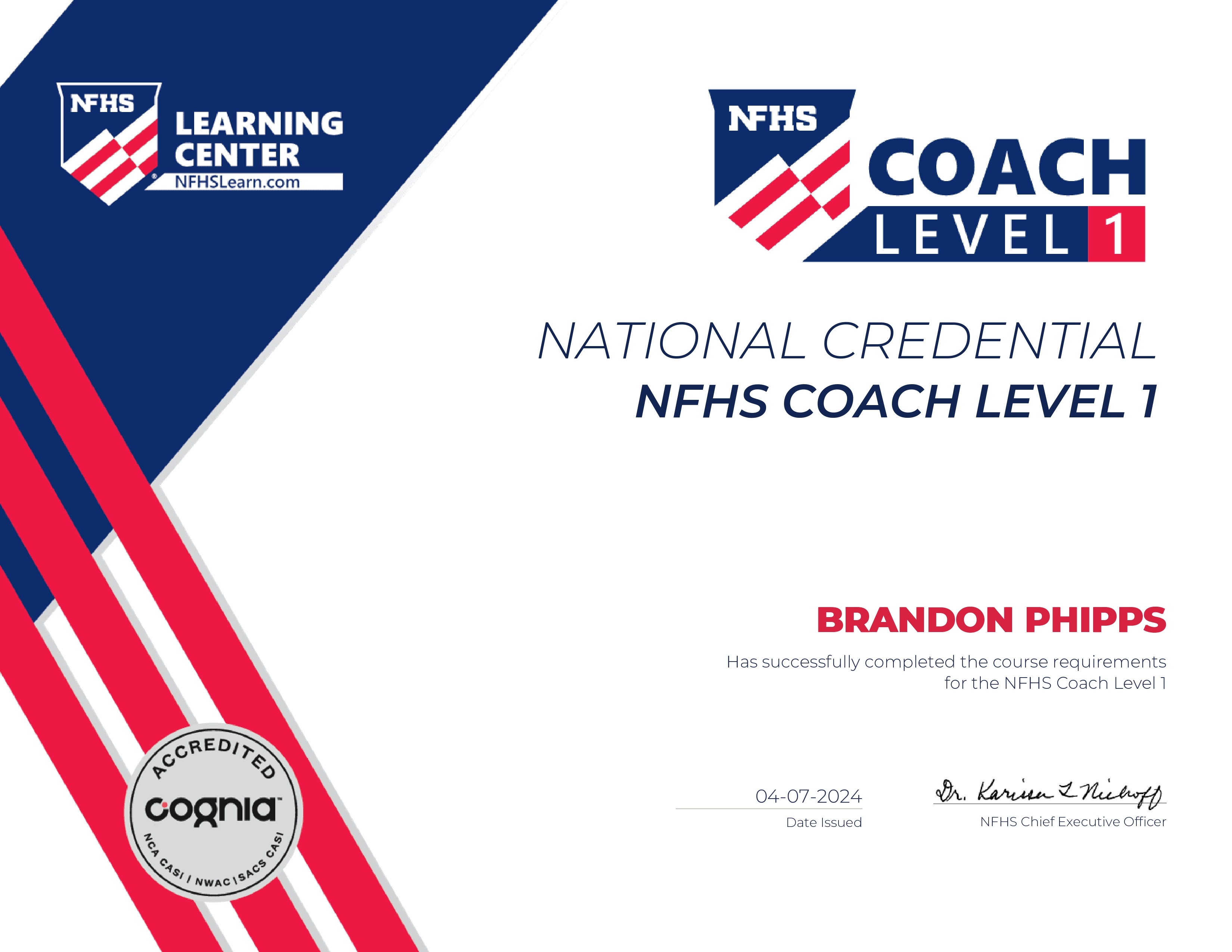 NFHS Coach Level 1 certificate