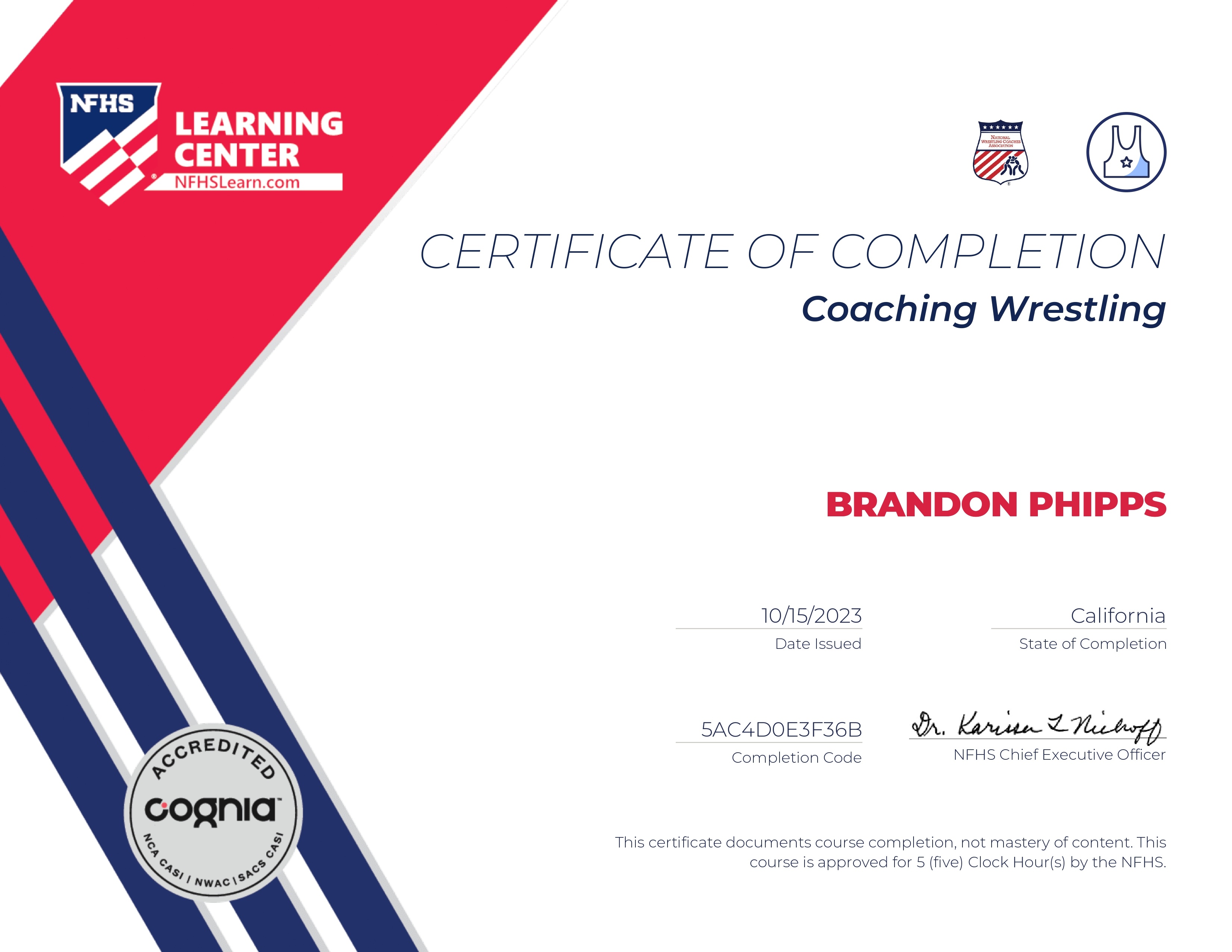 NFHS Coaching Wrestling certificate