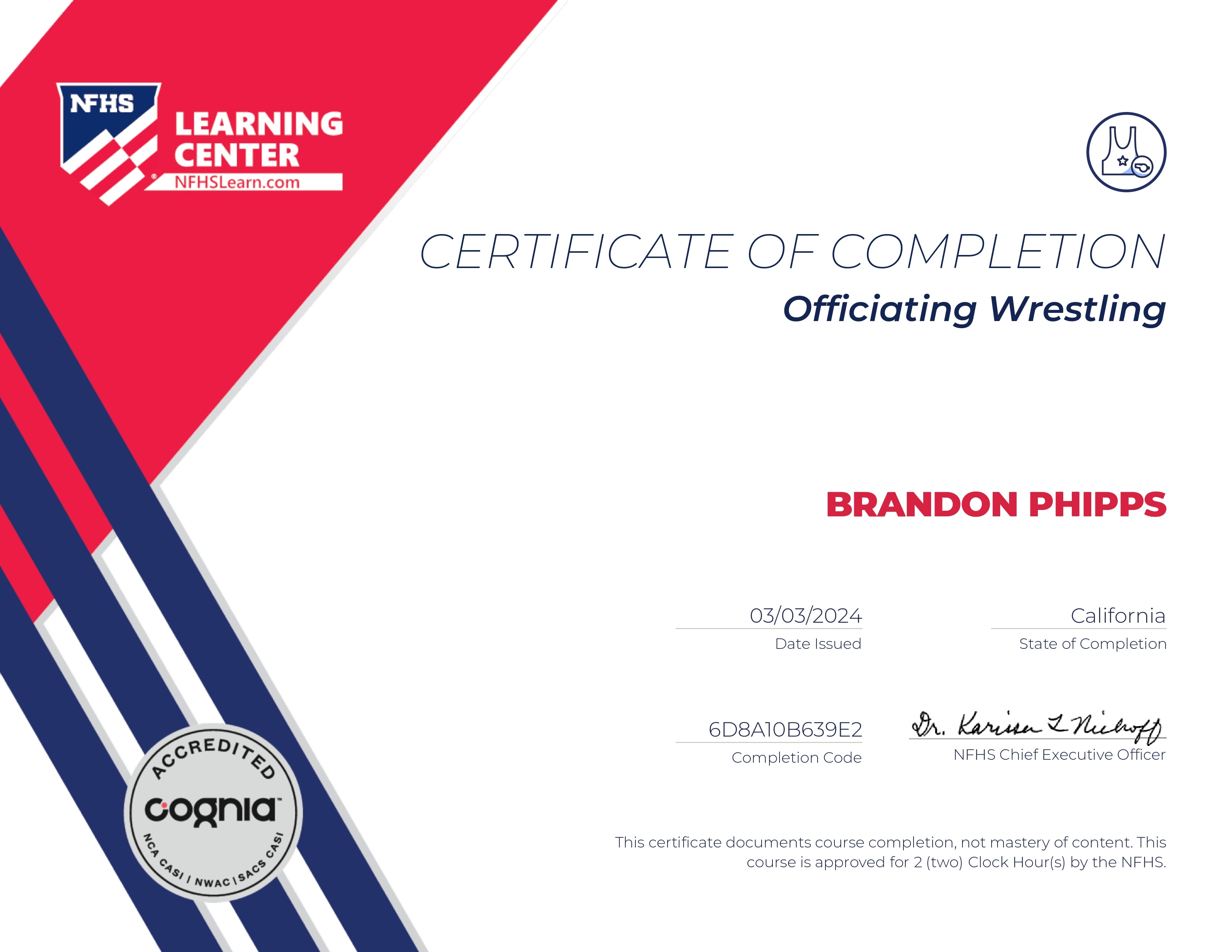 NFHS Officiating Wrestling certificate