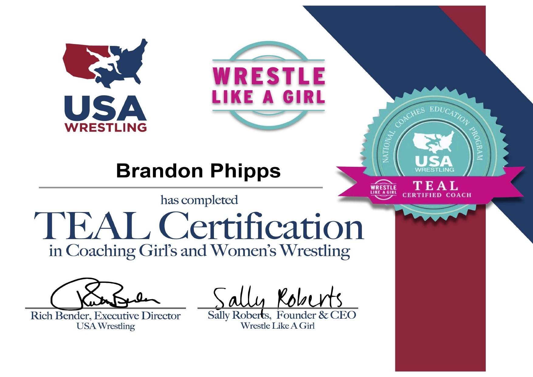 USA Wrestling Teal Certification certificate